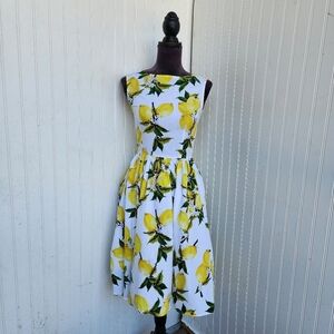 Fe Die Fit N Flare Women's White Dress Retro Inspired Lemons Yellow Sleveless XS